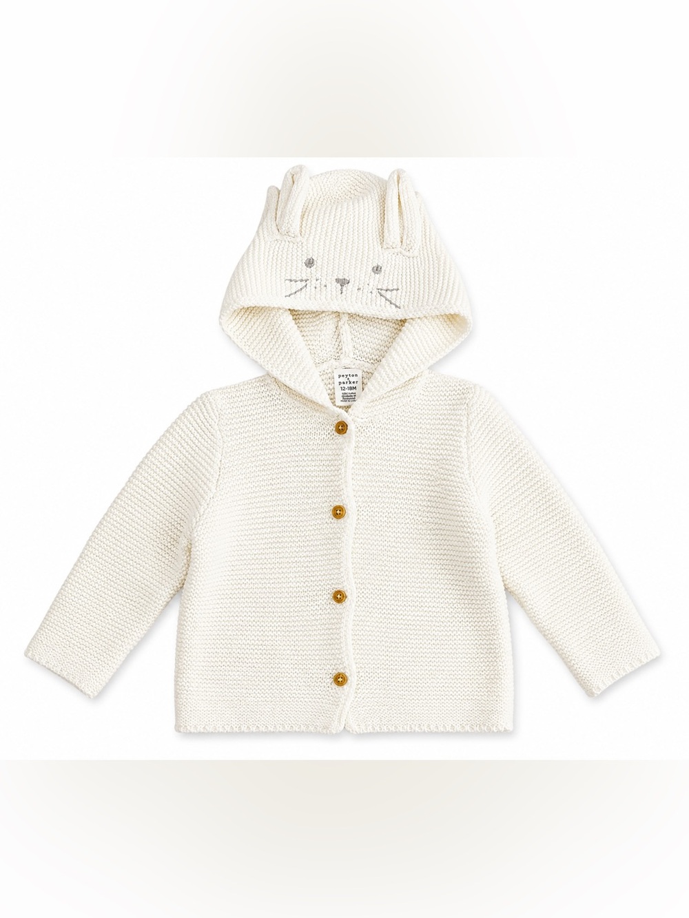Peyton & Parker Bunny Ear Hooded Knit Cardigan Sweater 12-18M White Cotton